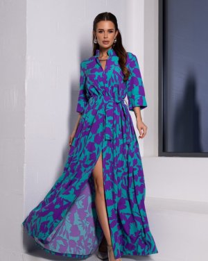 Довга сукня зеленого кольору з фіолетовим принтом - 8617055 - SvitStyle