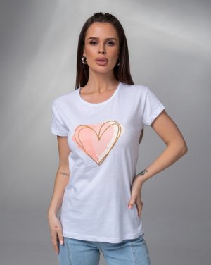 Біла трикотажна футболка з великим серцем - 8617064 - SvitStyle