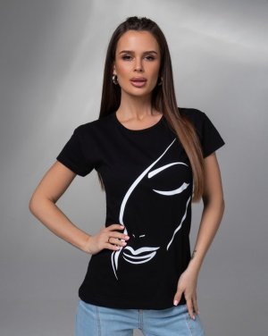 Чорна бавовняна футболка з силуетним малюнком - 8617070 - SvitStyle
