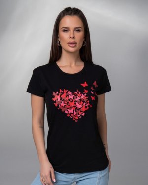 Чорна бавовняна футболка з яскравими метеликами - SvitStyle