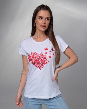 Біла бавовняна футболка з яскравими метеликами - 8617074 - SvitStyle