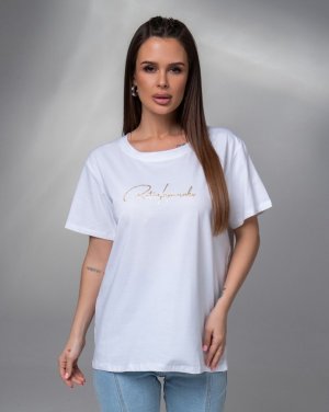 Біла футболка з блискучим написом - SvitStyle