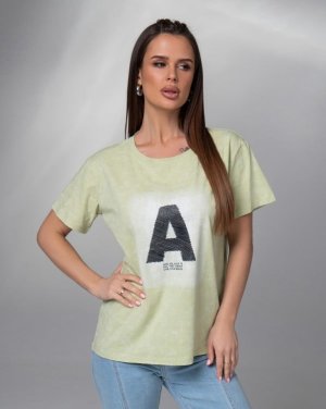 Салатова вінтажна футболка з принтом - SvitStyle