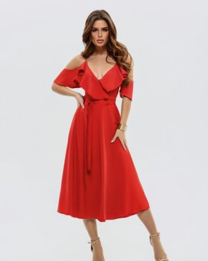 Червона сукня на запах з воланами - 8617193 - SvitStyle