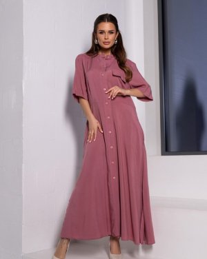 Темно-рожева бавовняна сукня-сорочка з розрізами - SvitStyle