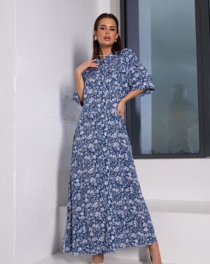 Бавовняна синя сукня-сорочка з квітковим принтом - 8617213 - SvitStyle