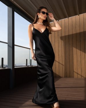 Чорна шовкова сукня з відкритою спиною - 8617220 - SvitStyle