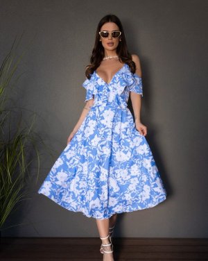 Блакитна квіткова сукня-халат з воланами - 8627313 - SvitStyle