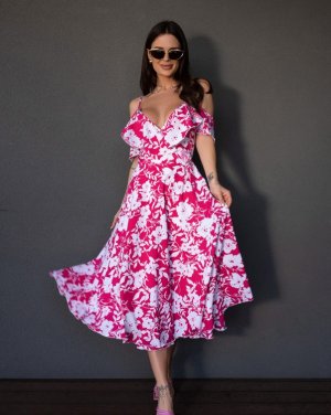Малинова квіткова сукня-халат з воланами - 8627314 - SvitStyle