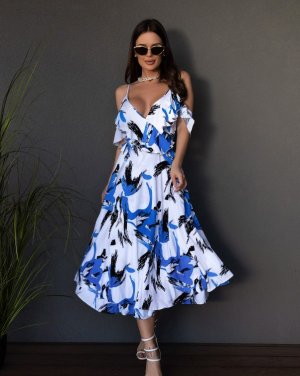 Біло-блакитна бавовняна сукня-халат з воланом - 8627320 - SvitStyle