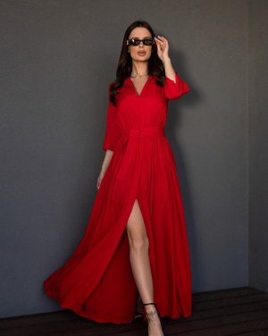 Довга сукня з червоної бавовни - SvitStyle