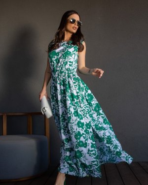 Біло-зелена квіткова довга сукня без рукавів - 8627340 - SvitStyle