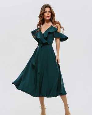 Зелене плаття на запах з воланами - 8627561 - SvitStyle
