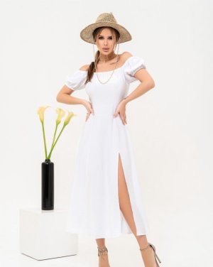 Біла лляна сукня з відкритими плечима - 8627563 - SvitStyle