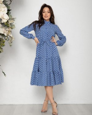 Блакитне в горошок приталене плаття з воланами - 8627657 - SvitStyle