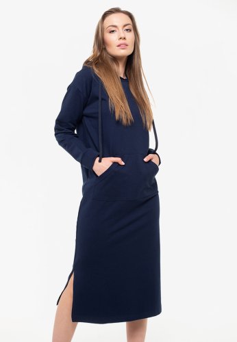 Сукня жіноча довга з довгим рукавом та капюшоном темно-синя, S - SvitStyle